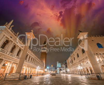 Piazza San Marco at sunset, Venice. St Mark Square lights