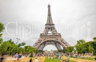PARIS - JUNE 21, 2014: Tourists enjoy Eiffel Tower view from Cha