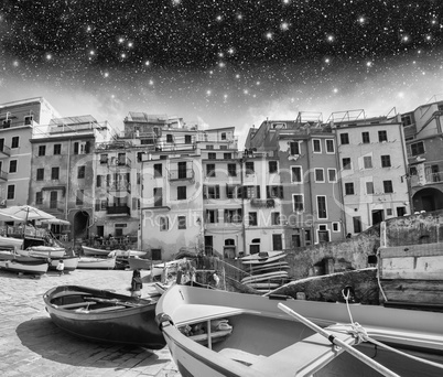 Cinque Terre, Italy. Wonderful classic view of Boats at night wi
