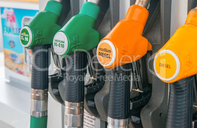 Colourful petrol fuel pumps in Europe