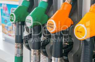 Colourful petrol fuel pumps in Europe