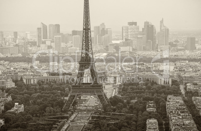 Landscape aerial view of Tour Eiffel on a cloudy day