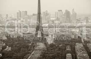 Landscape aerial view of Tour Eiffel on a cloudy day