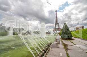 Eiffel Tower view from Trocadero gardens with fountains