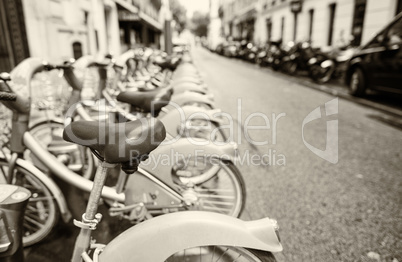 PARIS, FRANCE - JUNE 19: Some bicycles of the Velib bike rental