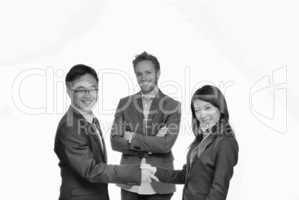 Asian businessman and businesswoman agreement with caucasian man