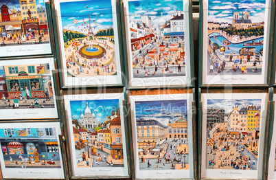 PARIS - JULY 23, 2014: Montmartre street canvas and cards. Montm