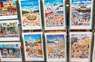PARIS - JULY 23, 2014: Montmartre street canvas and cards. Montm
