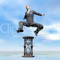 Businessman jumping upon hourglass - 3D render