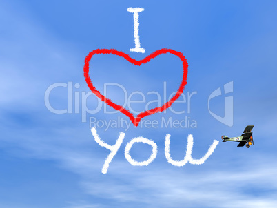 Love message from biplan smoke - 3D render