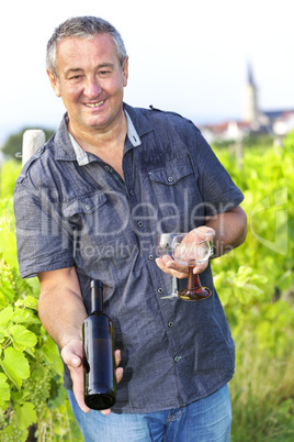 Man with wine bottle and glasses in vineyard