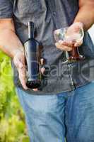 Man with wine bottle and glasses in vineyard