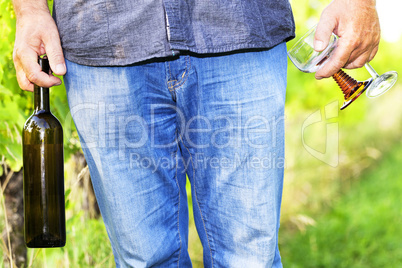 Man with wine bottle and glasses in vineyard