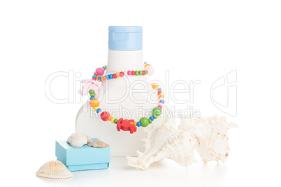 lotion bottle with seashells