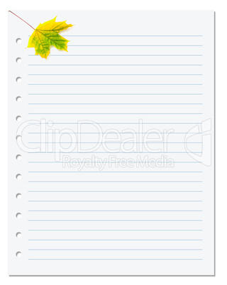 Notebook paper with yellow autumn maple leaf on white