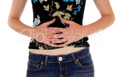 Woman holding her stomach.