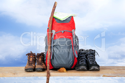 Hiking boots with backpack