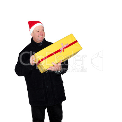 Man running in winter weather with package