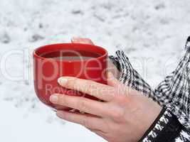 Hand holding in Winter Landscape cup with hot drink