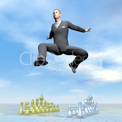 Businessman jumping upon chessboard - 3D render