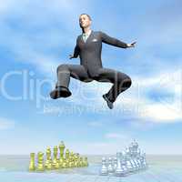 Businessman jumping upon chessboard - 3D render