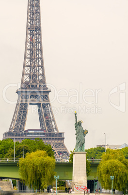 Paris. Statue of Liberty and Eiffel Tower, view from Pont Mirabe