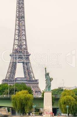 Paris. Statue of Liberty and Eiffel Tower, view from Pont Mirabe