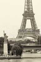 Paris. Statue of Liberty and Eiffel Tower, view from Pont Mirabe