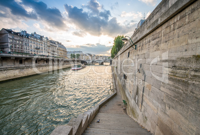 Paris. Wonderful view of cityscape along Seine river with bateau