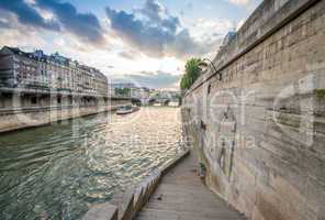 Paris. Wonderful view of cityscape along Seine river with bateau