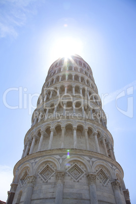 Leaning tower of pisa with sun rays halo