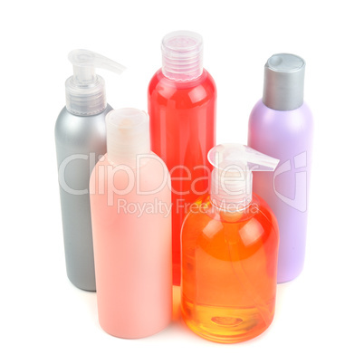 shampoo bottles and soap dispensers isolated on white background