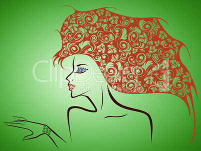 Female contour with floral elements over green