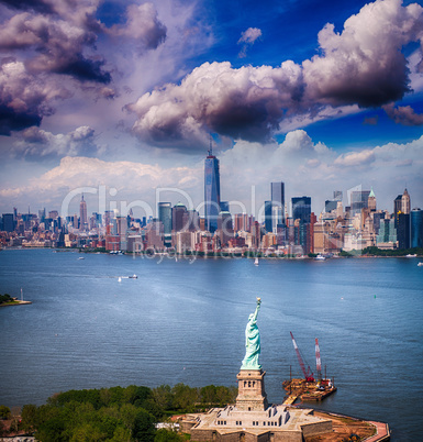 Statue of Liberty and Manhattan skyline. Spectacular helicopter