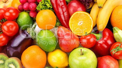 bright background of ripe fruits  and vegetables