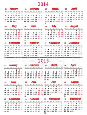 calendar for two years 2014 and 2015