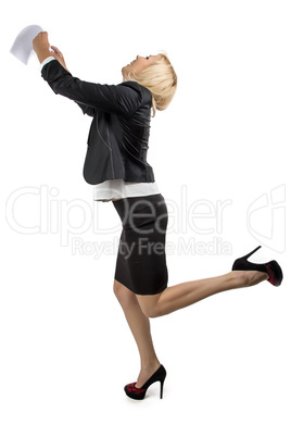 Happy business woman with her hands up