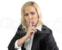 Business lady holding her finger near the mouth