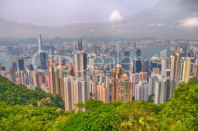 Panoramic view of Hong Kong from Victoria Peak on a sunny aftern