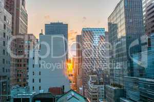 Skyline of New York at dusk. Manhattan Skyscrapers