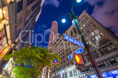 Fifth Avenue street sign at night with Manhattan buildings on ba