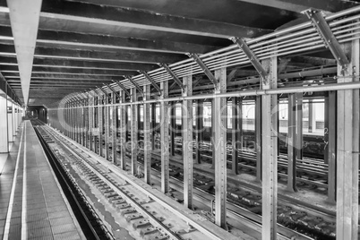 New York subway station and railway. Empty metro station in NYC