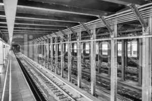 New York subway station and railway. Empty metro station in NYC