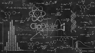 writing scientific formulas on black chalkboard