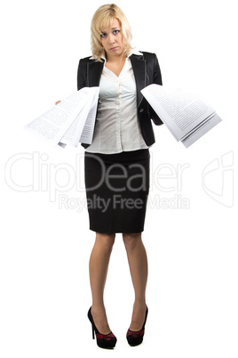 Desperate business lady with a pile of papers