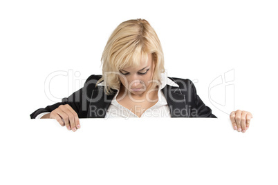 Businesswoman looking down, horizontal billboard