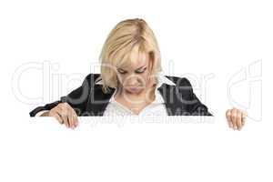 Businesswoman looking down, horizontal billboard