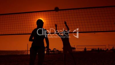 Group of young people spend a weekend playing beach volleyball