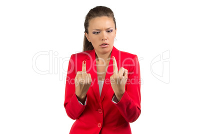 Portrait of businesswoman with middle finger