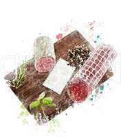 Watercolor Image Of  Hard Salami,Herbs and Spices